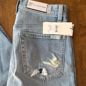 7 For All Mankind Light Denim Cropped Straight Leg Jeans Bird Embroidery NWT